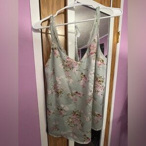 Teal and pink floral loose flowy lace and satin blouse tank top